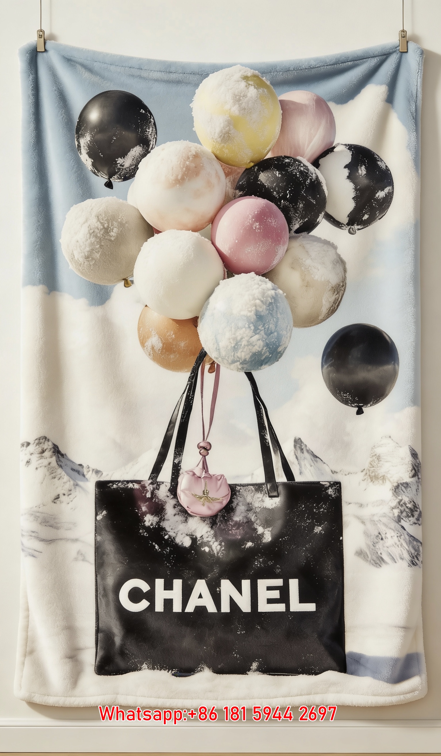 Luxury Chanel Pastel Balloon Flannel Throw Blanket  Snowy Mountain Shopping Bag Print IMG_7204